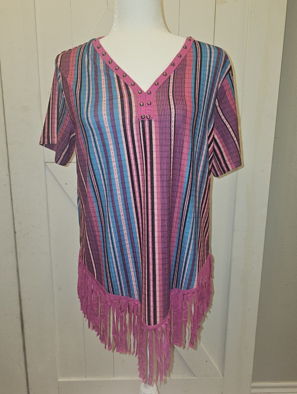 NWT- CRAZY TRAIN Women's Pink Striped V-Neck Fringe Top